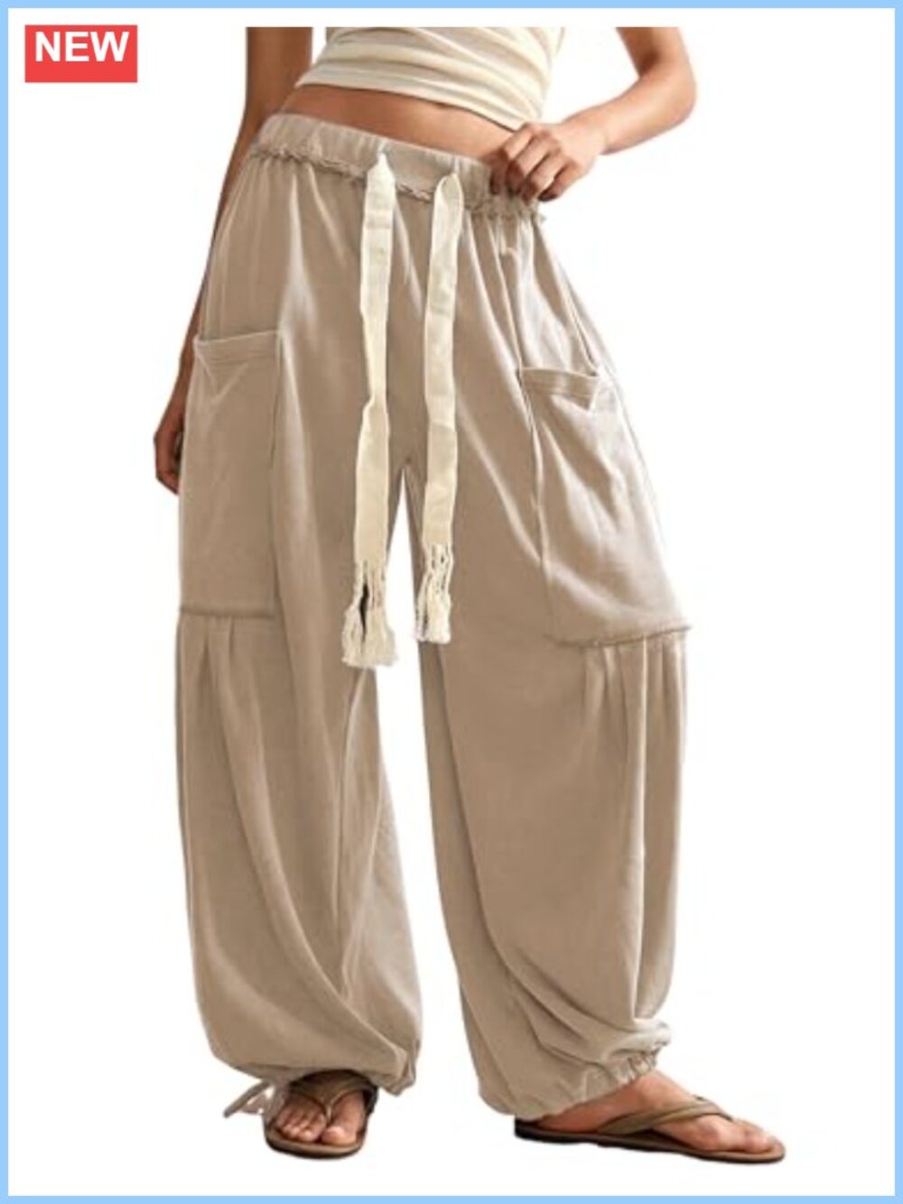 Baggy Wide Leg Harem Pants Drawstring Waist with Big Pockets Casual Trousers